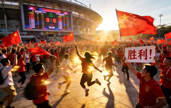 球迷在体育场外挥舞国旗，热情庆祝比赛胜利的震撼场景
