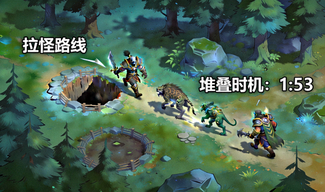 DOTA2野区拉怪与堆叠野怪时机的俯视对战画面