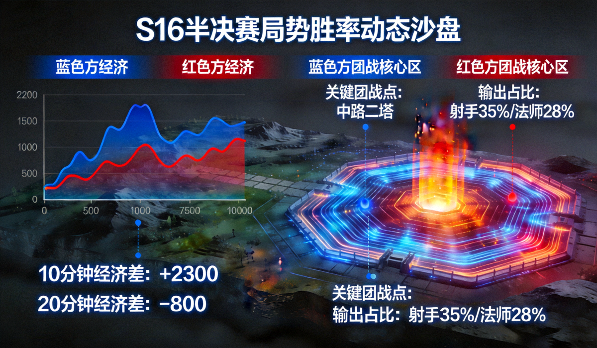 S16半决赛局势胜率动态沙盘大屏，展示经济曲线与团战站位