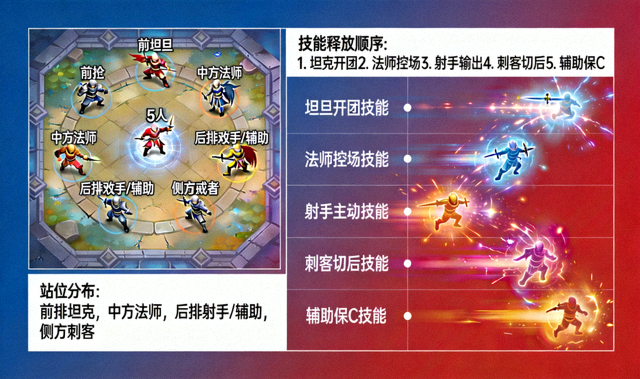 王者荣耀五人团战技能释放顺序与站位分布画面